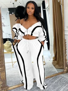 Women's Striped Zip Jacket & Jogger Sweatpants Tracksuit Set