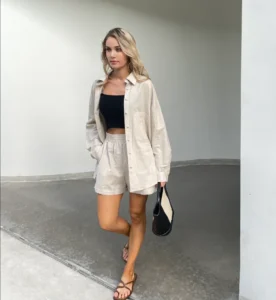 Women's Cotton-Linen Blouse & Shorts Two-Piece Summer Set