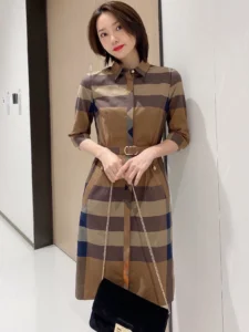 Women's British-Style Slim-Fit Plaid Midi Shirt Dress