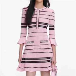 Women's Striped Knit Flared-Sleeve Mini Dress