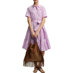 Women's Lapel Shirt Dress with Bow Belt & Fringe Hem